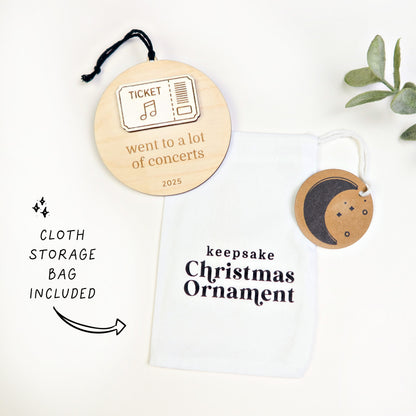 Wood Engraved Concert Ticket Keepsake Christmas Ornament 2025 handmade by Moon Rock Prints includes a keepsake Christmas ornament storage bag