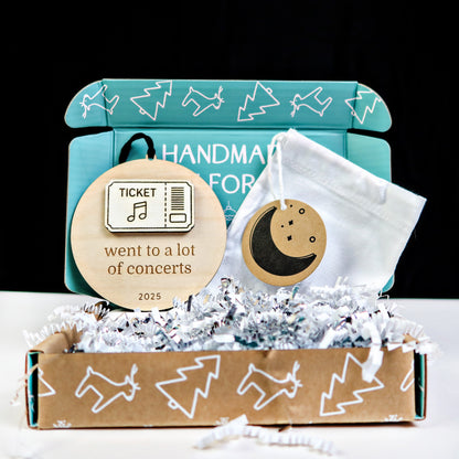 Wood Engraved Concert Ticket Keepsake Christmas Ornament 2025 handmade by Moon Rock Prints in cute packaging gift box