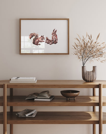Quirky Squirrel Family of 3 Woodland Animal Watercolor Art Print for Woodland Nursery by Moon Rock Prints