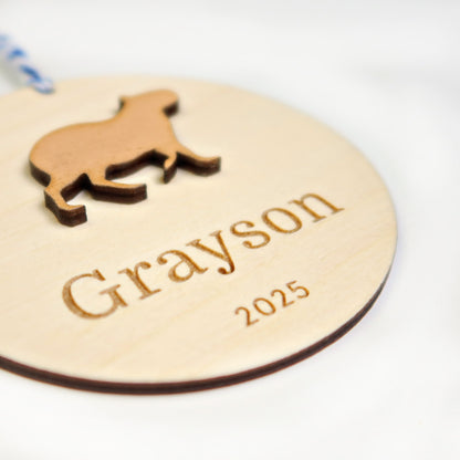 Wood Engraved Capybara Personalized Kids Name Christmas Ornament 2025 or Unique Christmas stocking tag for kids handmade by Moon Rock Prints 