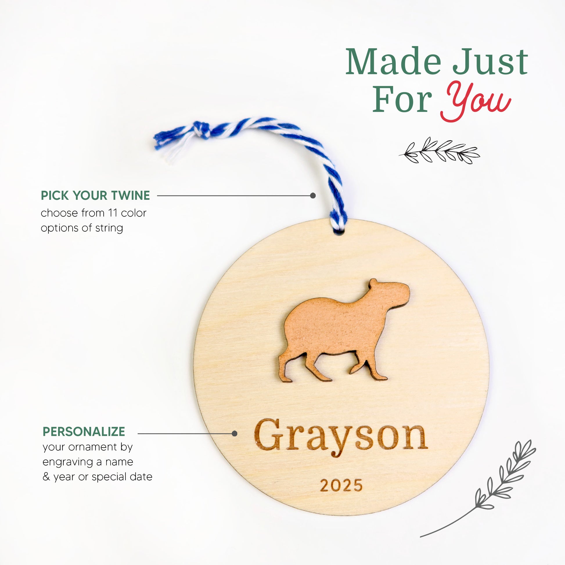 Wood Engraved Capybara Personalized Kids Name Christmas Ornament 2025 or Unique Christmas stocking tag for kids handmade by Moon Rock Prints 