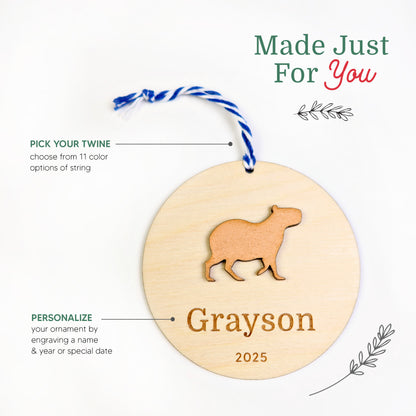 Wood Engraved Capybara Personalized Kids Name Christmas Ornament 2025 or Unique Christmas stocking tag for kids handmade by Moon Rock Prints 