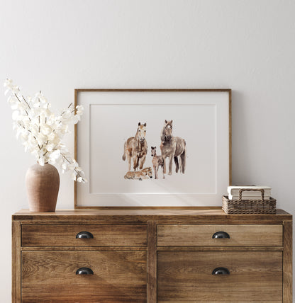 Horse Family of 4 Farm Animal Watercolor Art Print