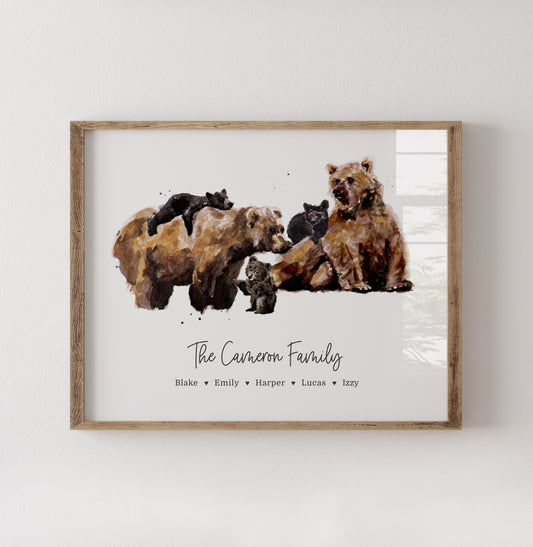 Personalized Bear Family of 5 Watercolor Art Print - Custom Name Family Gift by Moon Rock Prints