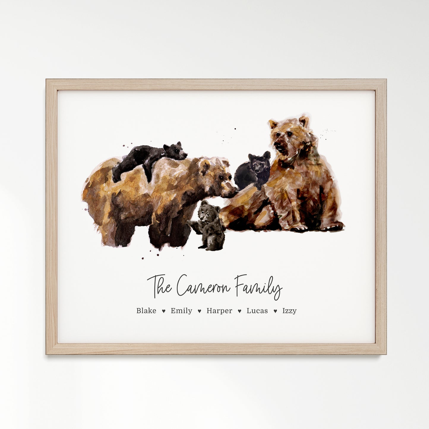 Personalized Bear Family of 5 Watercolor Art Print framed in a light oak wood frame by Moon Rock Prints