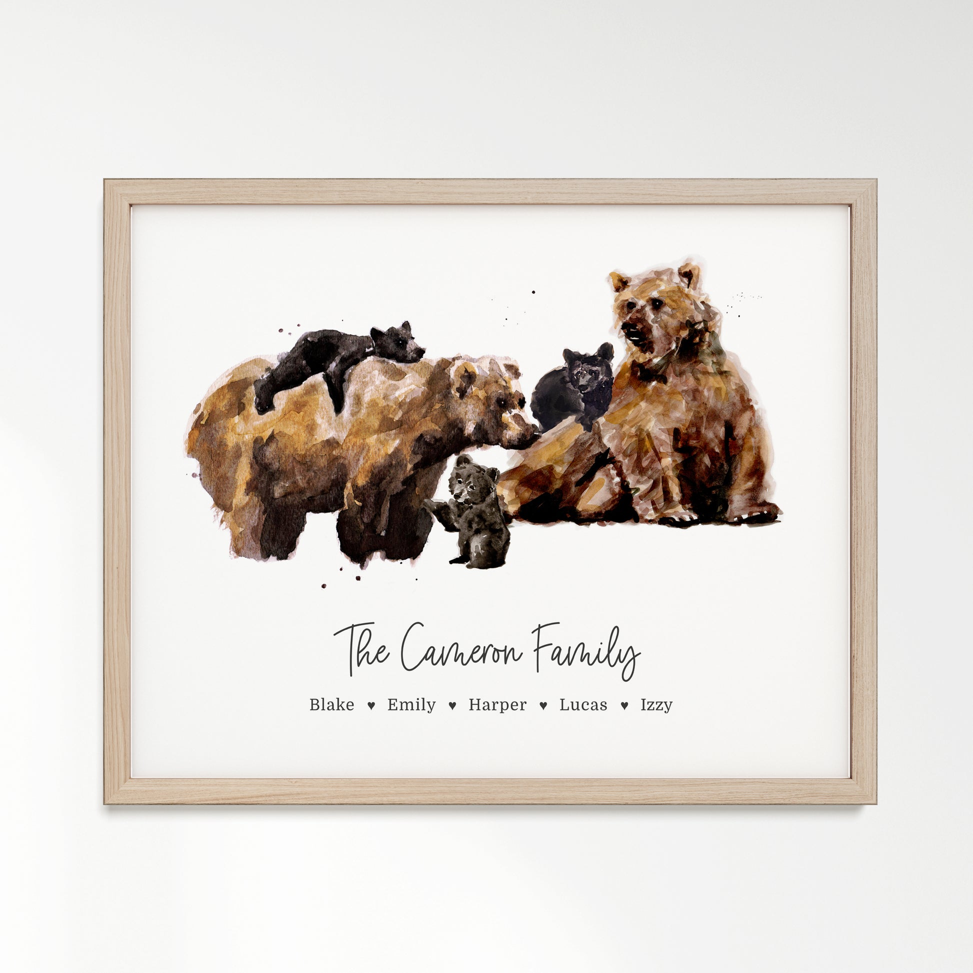 Personalized Bear Family of 5 Watercolor Art Print framed in a light oak wood frame by Moon Rock Prints