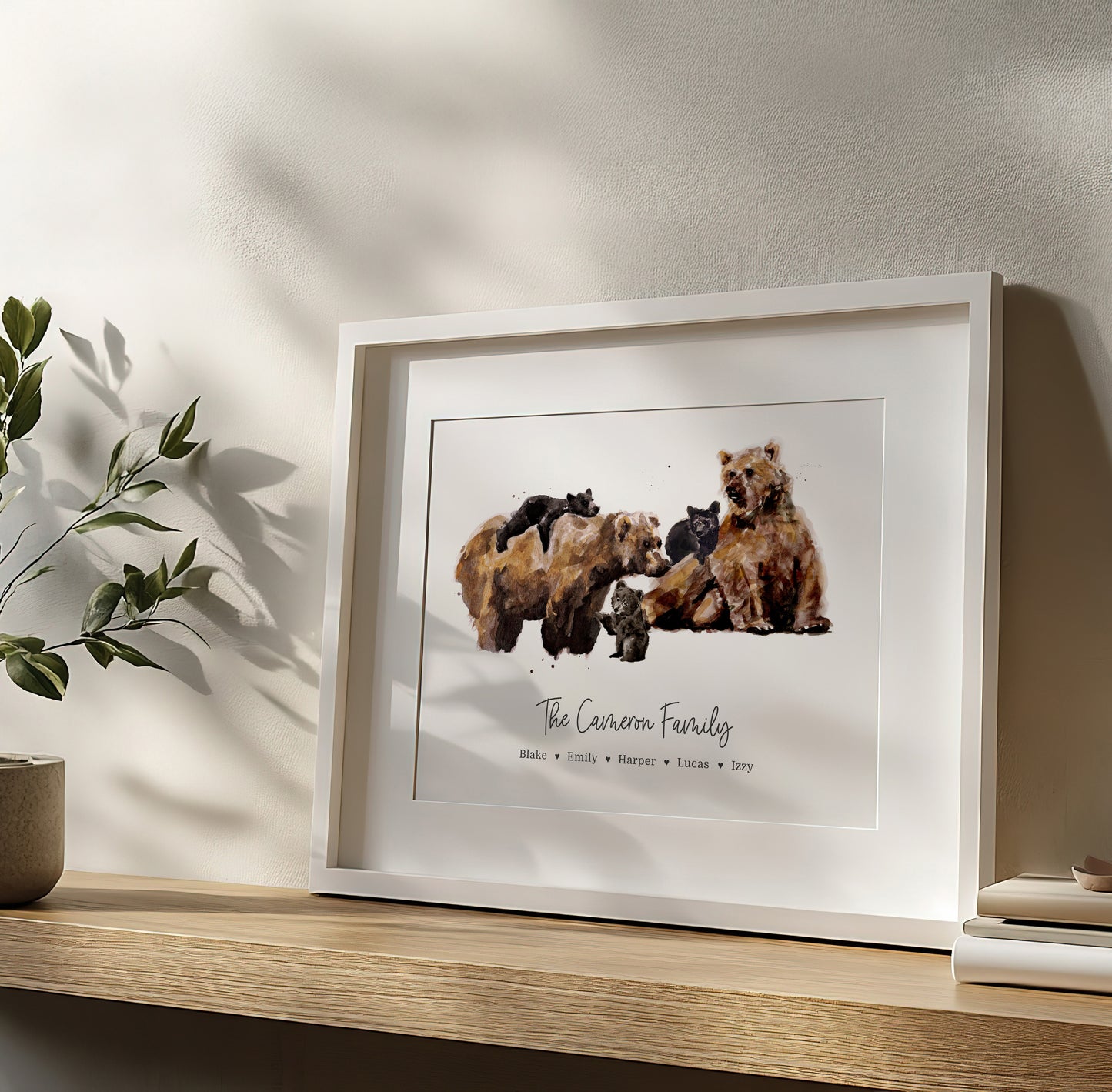 Personalized Bear Family of 5 Watercolor Art Print - Custom family Name living room shelf decor by Moon Rock Prints