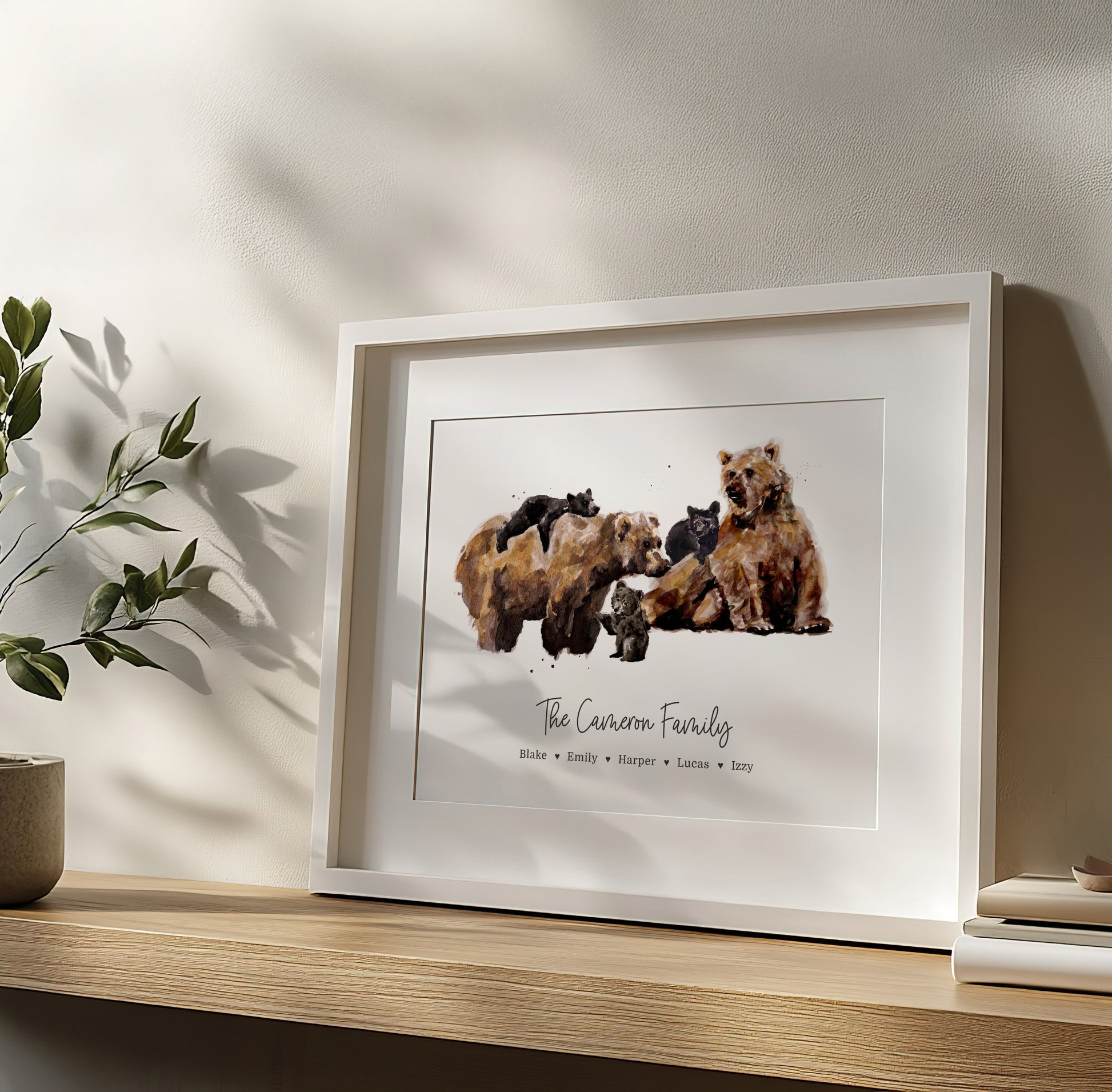 Personalized Bear Family of 5 Watercolor Art Print - Custom family Name living room shelf decor by Moon Rock Prints