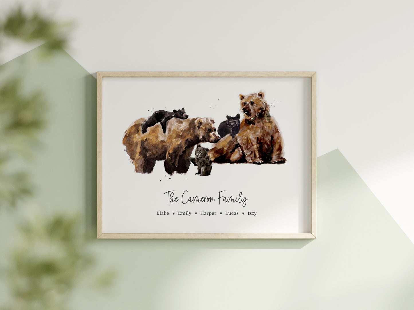 Personalized Bear Family of 5 Watercolor Art Print - Woodland Nursery Wall art by Moon Rock Prints