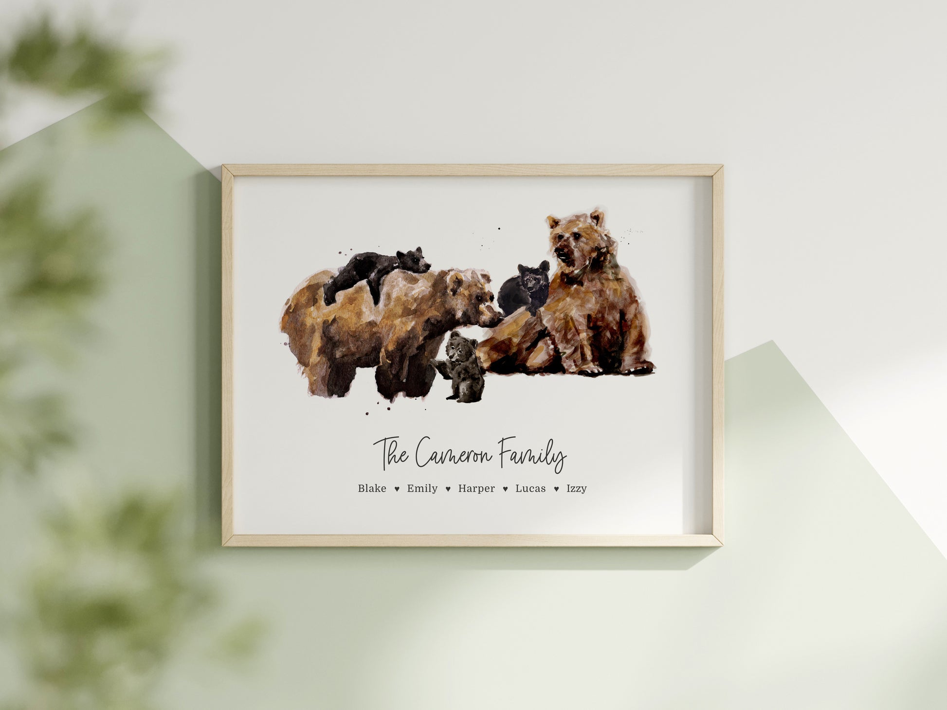 Personalized Bear Family of 5 Watercolor Art Print - Woodland Nursery Wall art by Moon Rock Prints