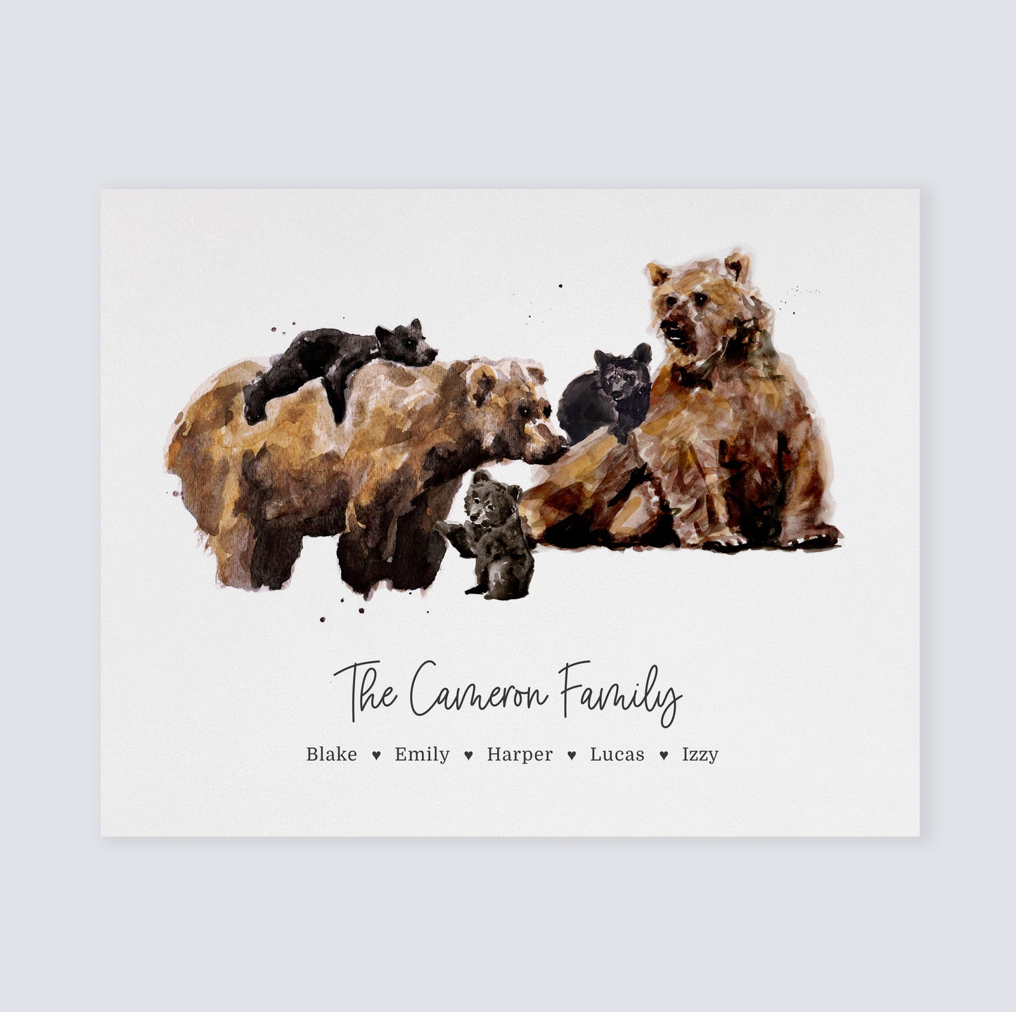 Personalized Bear Family of 5 Watercolor Art Print - Custom Name Family Gift by Moon Rock Prints