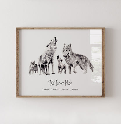 A framed personalized art print featuring a watercolor-style illustration of four wolves with the text 'The Turner Pack' and names underneath, displayed on a light wall.