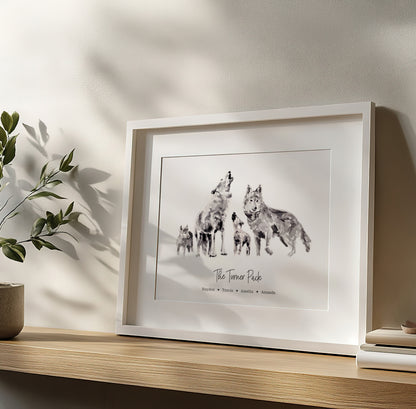 Personalized Wolf Family of 4 Watercolor Art Print - Art Prints - Moon Rock Prints