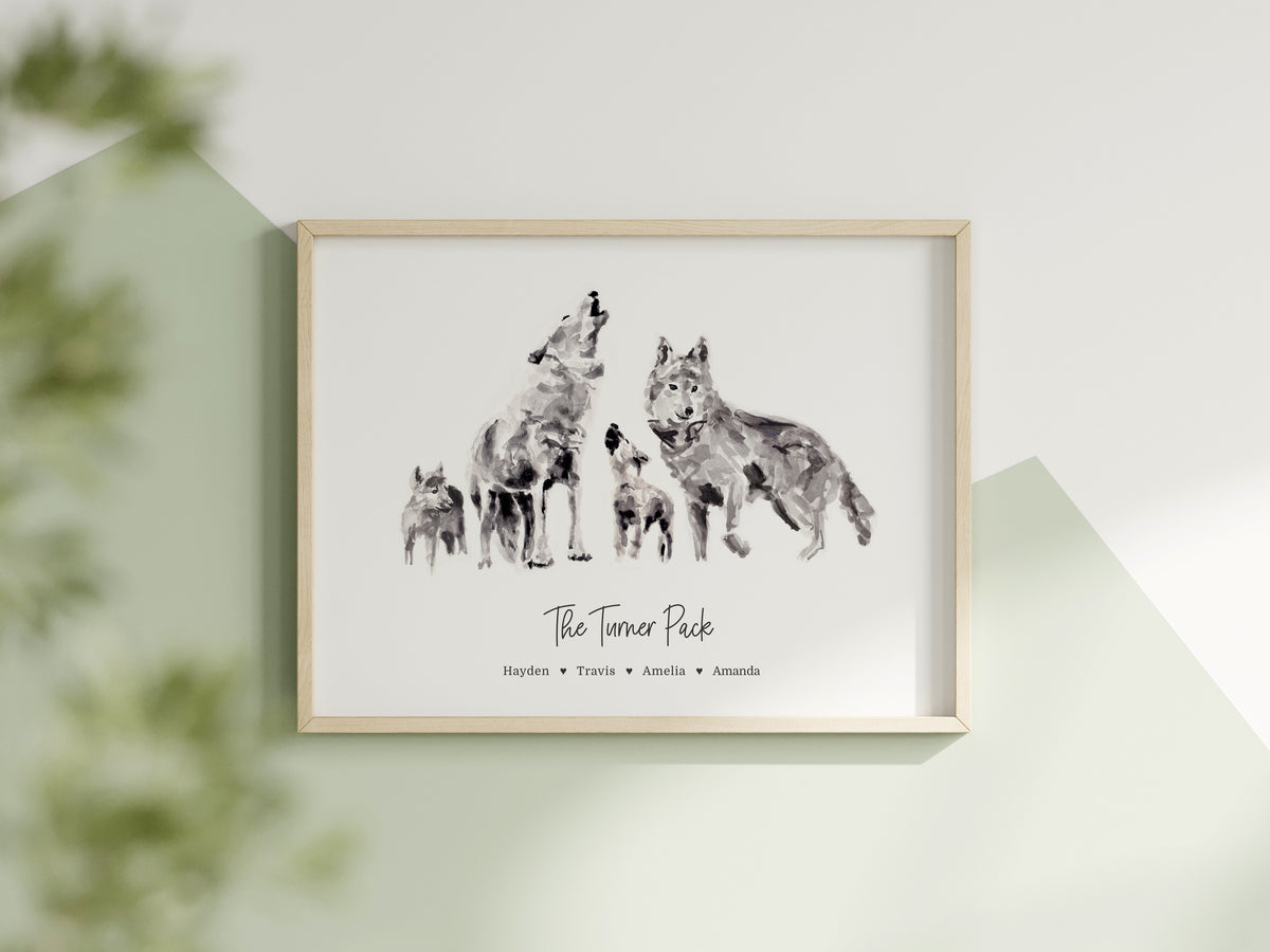 A framed custom watercolor art print of a wolf pack, titled 'The Turner Pack' with personalized names at the bottom, displayed on a light green wall.