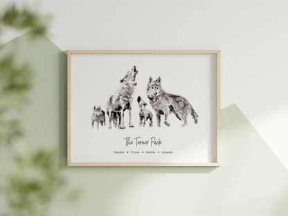 A framed custom watercolor art print of a wolf pack, titled 'The Turner Pack' with personalized names at the bottom, displayed on a light green wall.