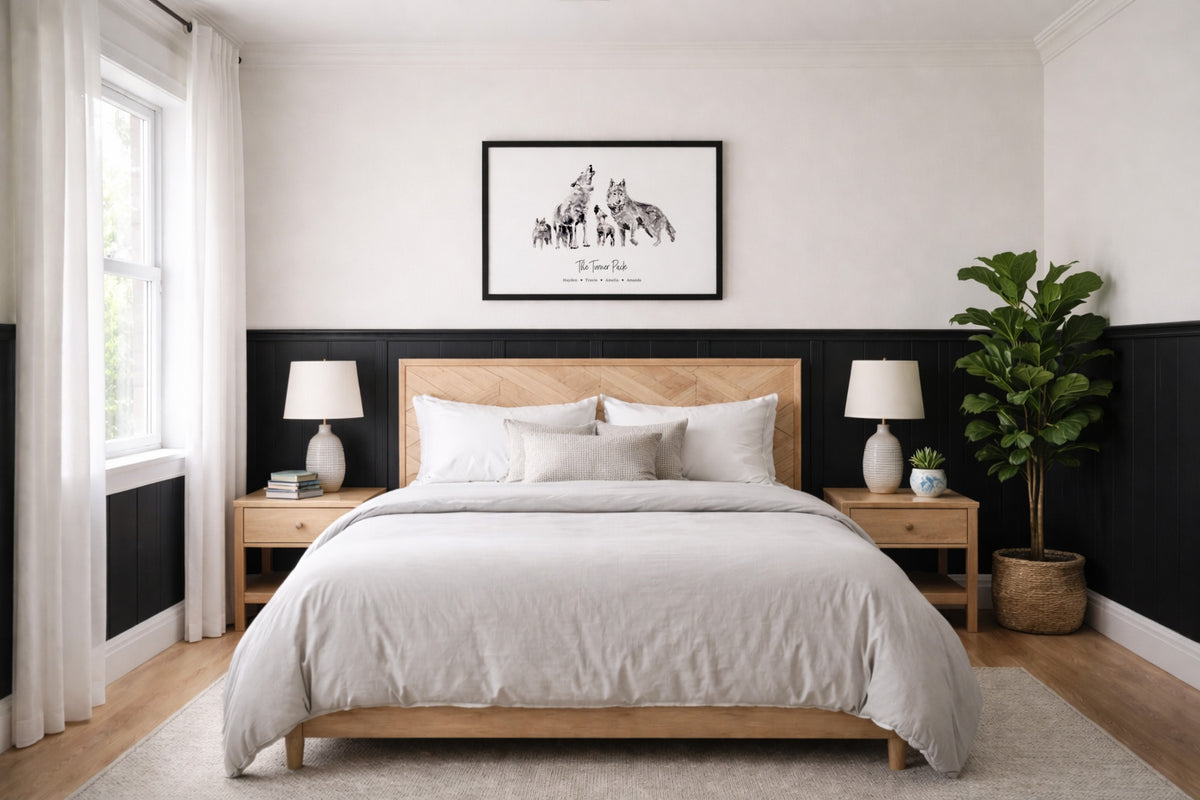 A horizontal art print featuring a black and white watercolor illustration of four wolves with personalized names.
