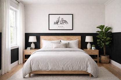 A horizontal art print featuring a black and white watercolor illustration of four wolves with personalized names.