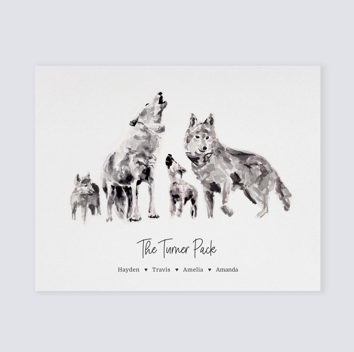 A horizontal art print featuring a black and white watercolor illustration of four wolves with personalized names.