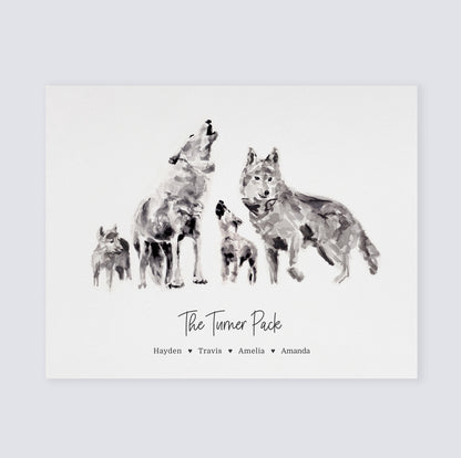 A horizontal art print featuring a black and white watercolor illustration of four wolves with personalized names.