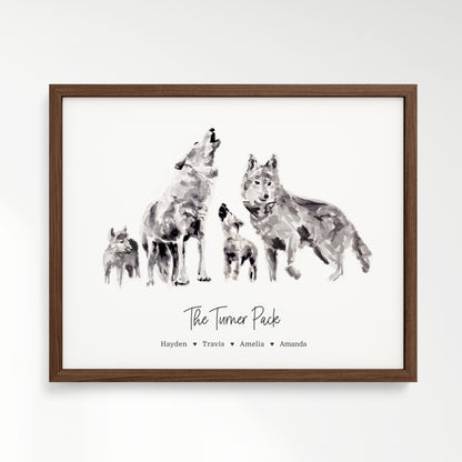 Personalized Wolf Family of 4 Watercolor Art Print framed in a walnut wood frame by Moon Rock Prints
