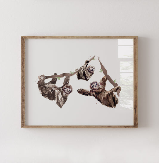 Sloth Family of 3 Jungle Animal Watercolor Art Print