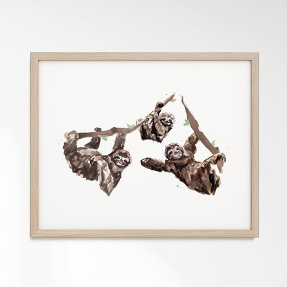 Sloth Family of 3 Jungle Animal Watercolor Art Print