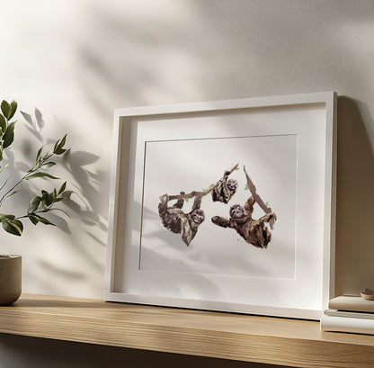 Sloth Family of 3 Jungle Animal Watercolor Art Print