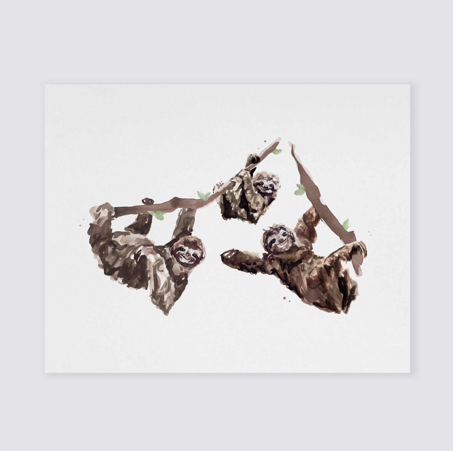 Sloth Family of 3 Jungle Animal Watercolor Art Print
