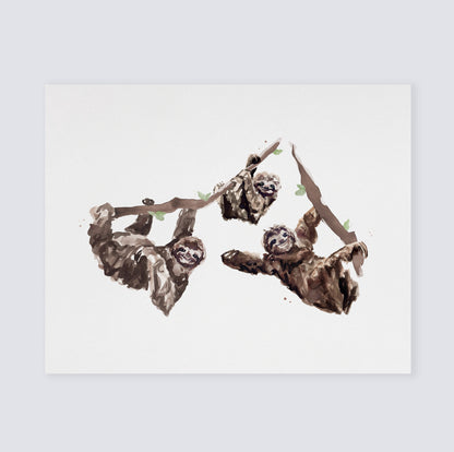 Sloth Family of 3 Jungle Animal Watercolor Art Print