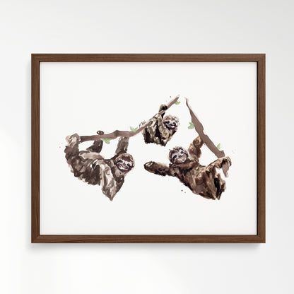 Sloth Family of 3 Jungle Animal Watercolor Art Print
