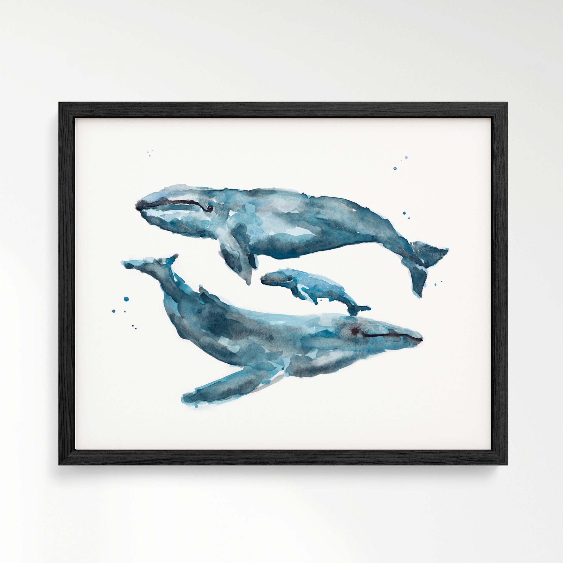 Whale Family of 3 Watercolor Art Print – in Black Frame