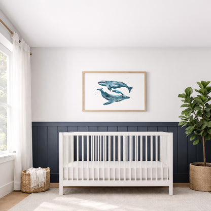 Whale Family of 3 Watercolor Art Print – Ocean Animal Nursery Wall Decor, Nautical Whale Family Art, Under the Sea Kids Room Art