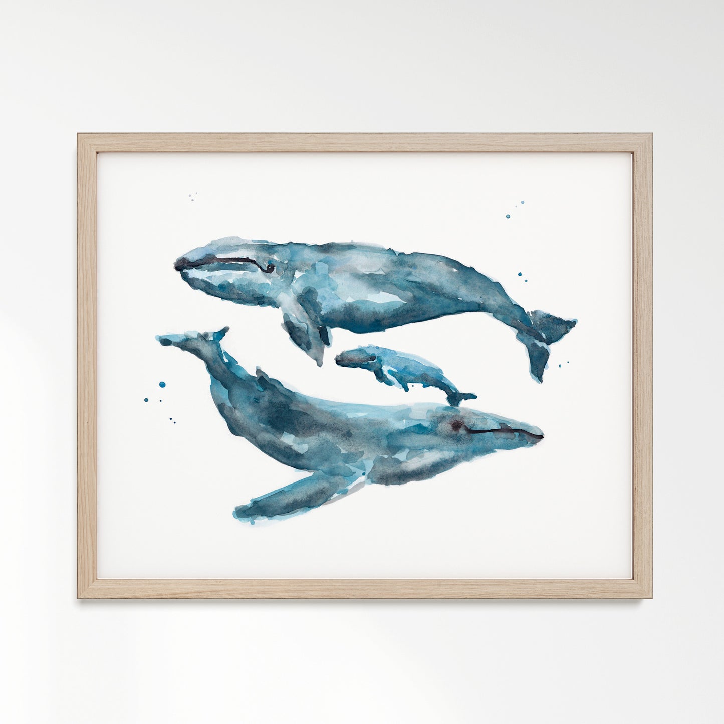 Whale Family of 3 Watercolor Art Print – in Natural Oak Frame