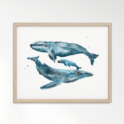Whale Family of 3 Watercolor Art Print – in Natural Oak Frame
