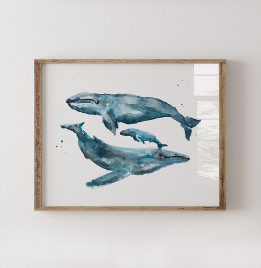 Whale Family of 3 Watercolor Art Print – Ocean Animal Nursery Wall Decor, Nautical Whale Family Art, Under the Sea Kids Room Art