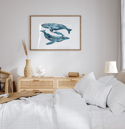 Whale Family of 3 Watercolor Art Print – Ocean Animal Nursery Wall Decor, Nautical Whale Family Art, Under the Sea Kids Room Art