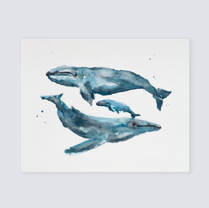 Whale Family of 3 Watercolor Art Print – Ocean Animal Nursery Wall Decor, Nautical Whale Family Art, Under the Sea Kids Room Art