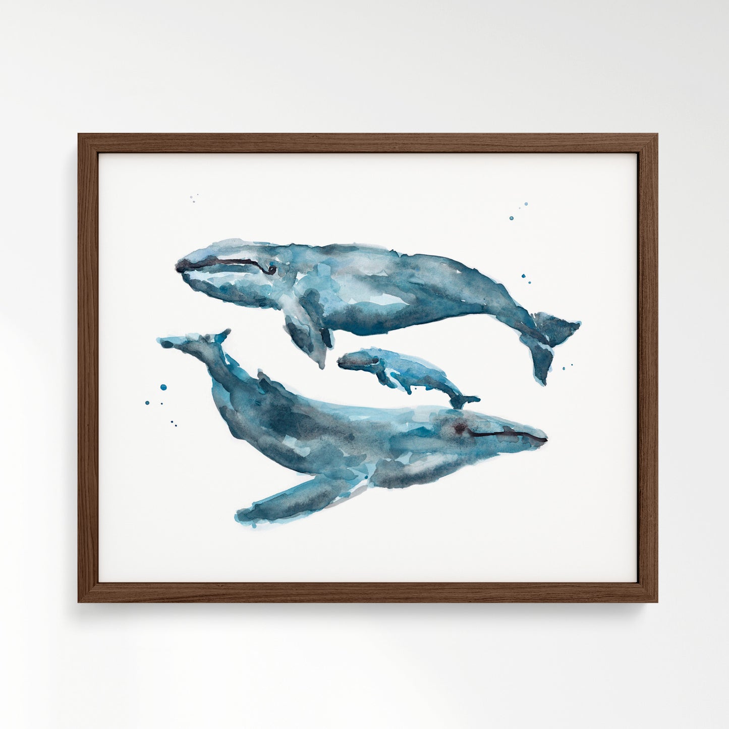 Whale Family of 3 Watercolor Art Print – in Walnut Frame