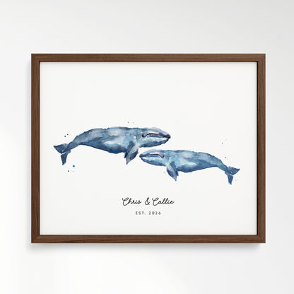 Framed artwork of two whales on a white background in walnut Frame