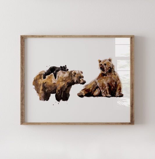 Bear Family of 3 Woodland Animal Watercolor Art Print - Art Prints - Moon Rock Prints