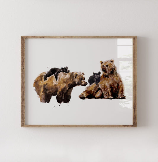 Bear Family of 4 Woodland Animal Watercolor Art Print - Art Prints - Moon Rock Prints