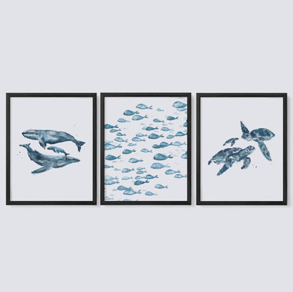 Blue Ocean Animals Watercolor Art Print Set of 3 - Art Prints - Moon Rock Prints