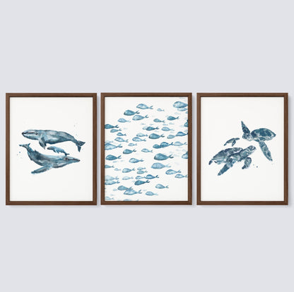 Blue Ocean Animals Watercolor Art Print Set of 3 - Art Prints - Moon Rock Prints
