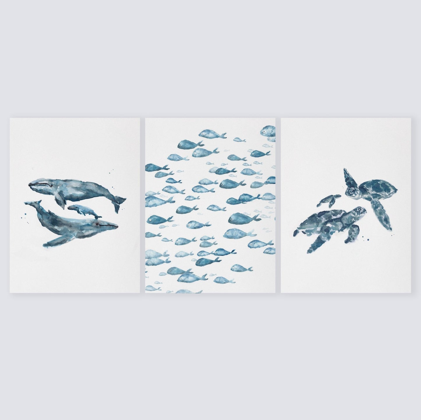 Blue Ocean Animals Watercolor Art Print Set of 3 - Art Prints - Moon Rock Prints