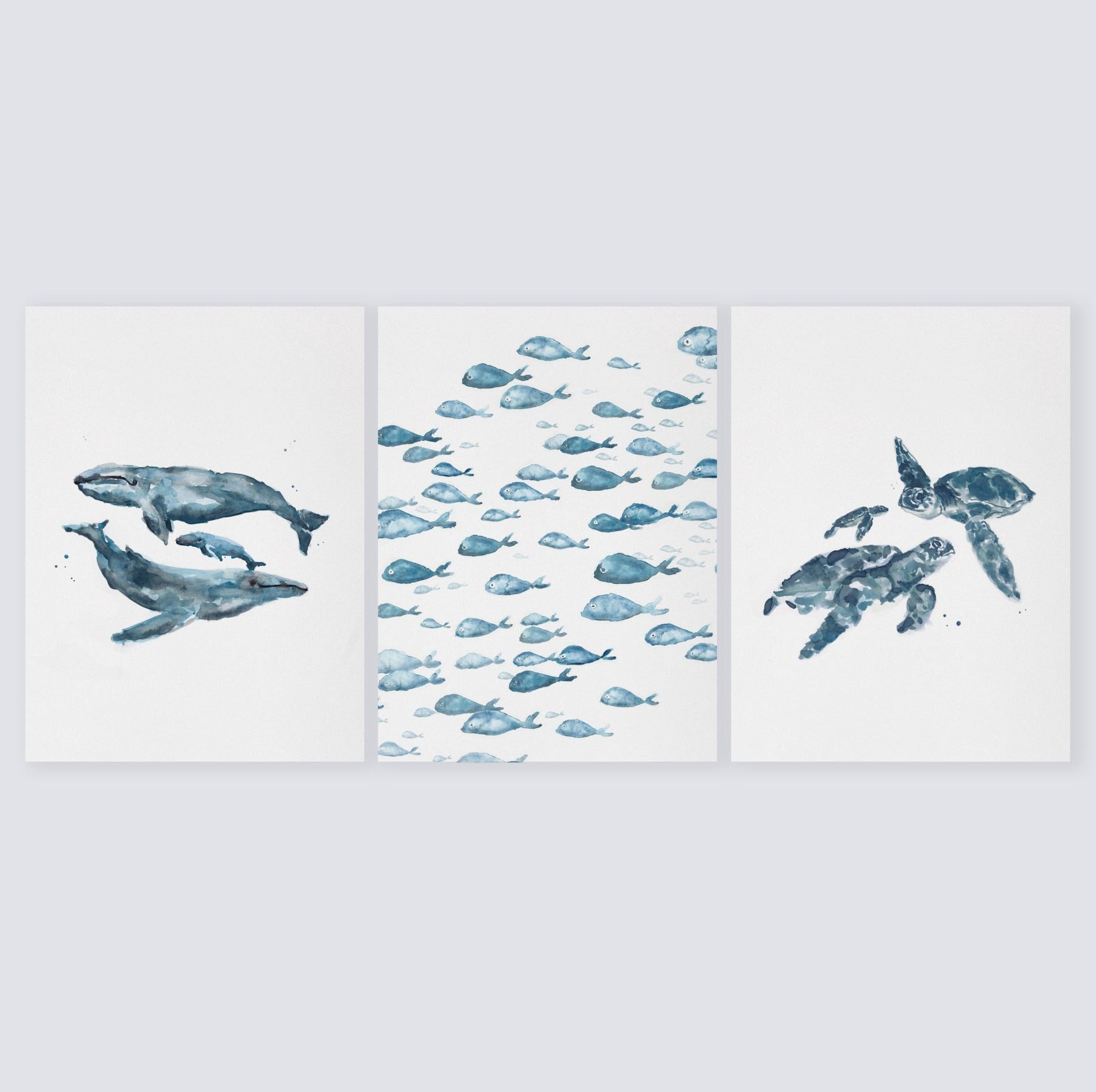 Blue Ocean Animals Watercolor Art Print Set of 3 - Art Prints - Moon Rock Prints