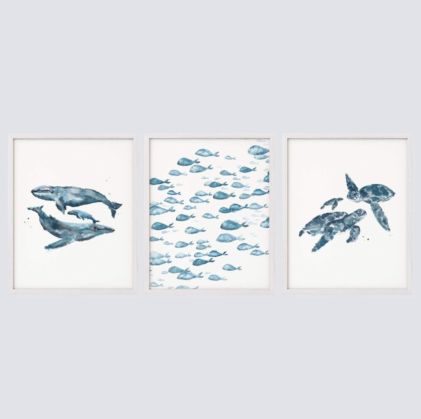 Blue Ocean Animals Watercolor Art Print Set of 3 - Art Prints - Moon Rock Prints