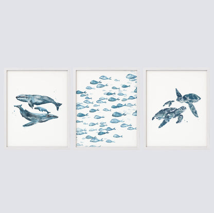 Blue Ocean Animals Watercolor Art Print Set of 3 - Art Prints - Moon Rock Prints