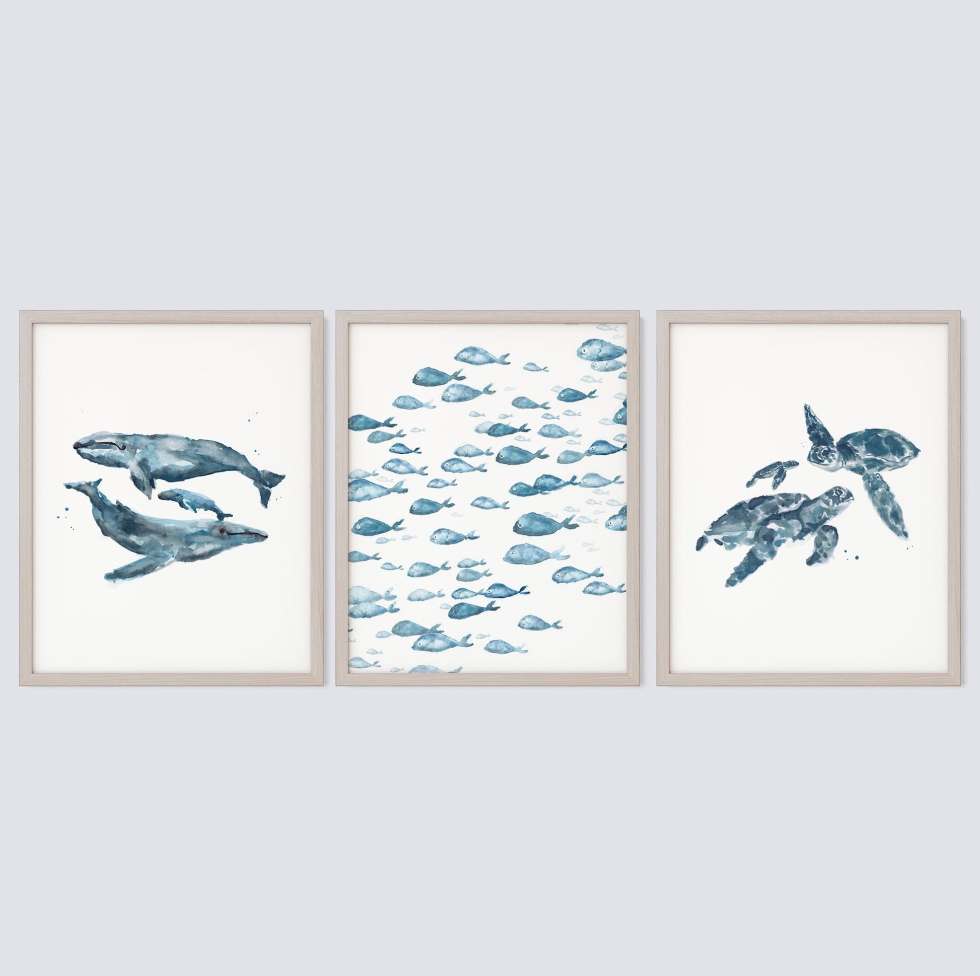 Blue Ocean Animals Watercolor Art Print Set of 3 - Art Prints - Moon Rock Prints
