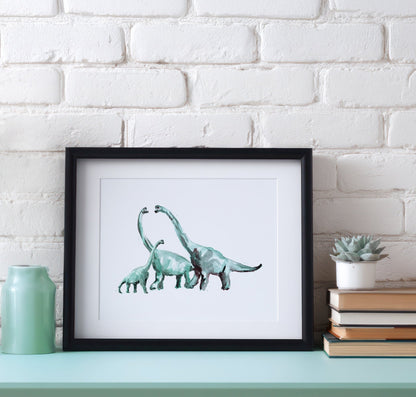 Brachiosaurus Family of 3 Dinosaur Watercolor Art Print - Art Prints - Moon Rock Prints