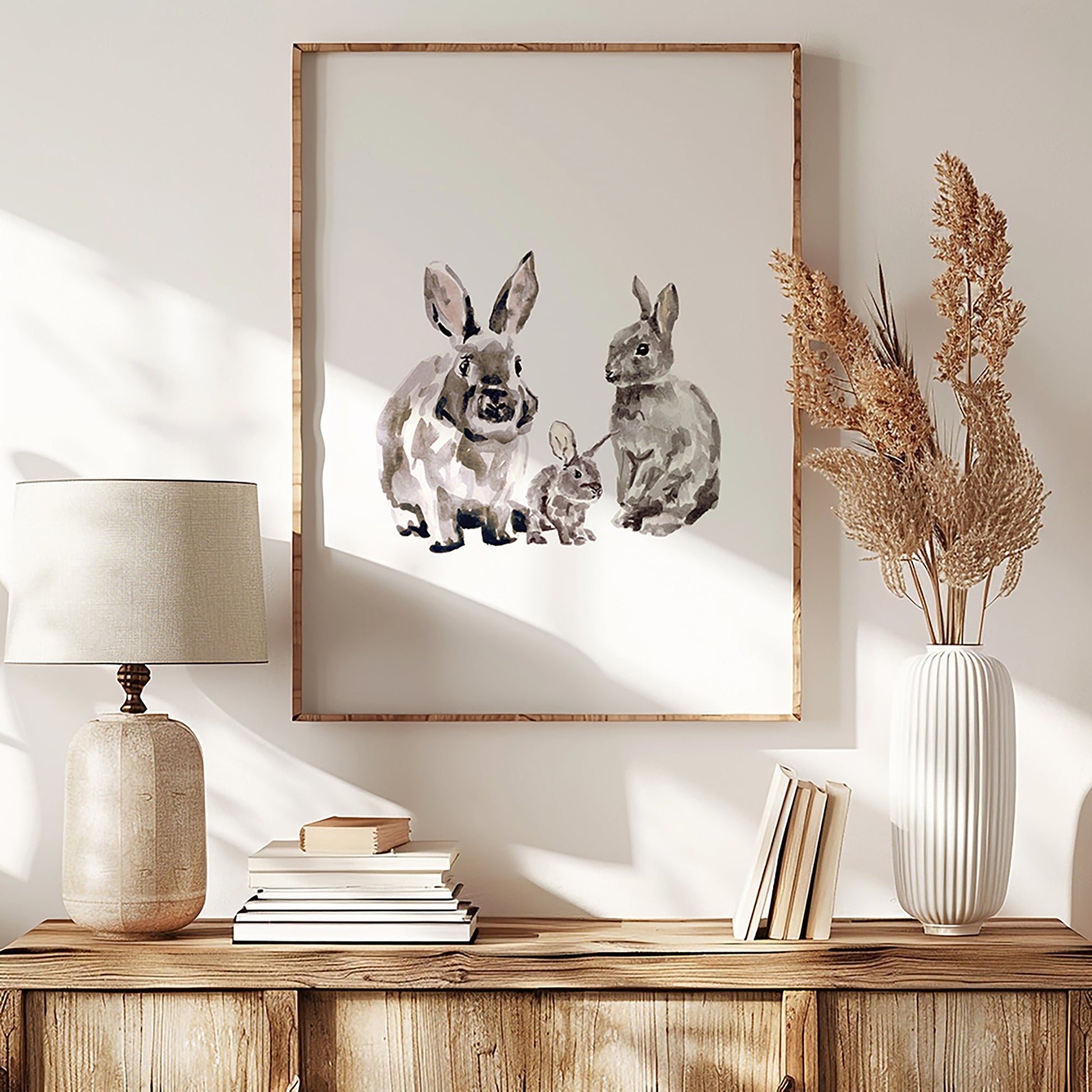 Bunny Family of 3 Woodland Animal Watercolor Art Print - Art Prints - Moon Rock Prints
